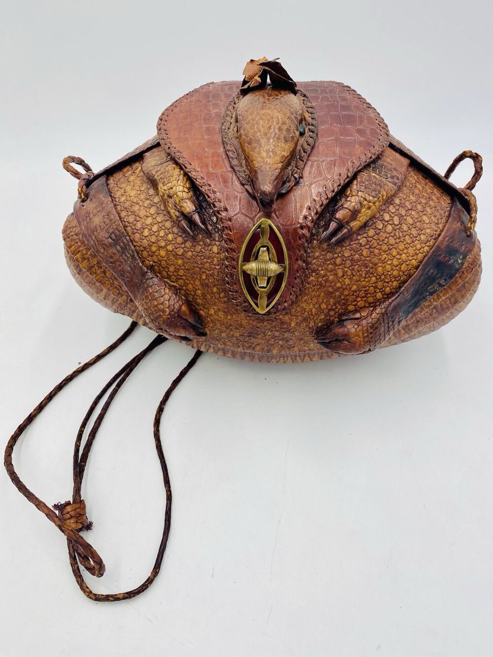 Vintage 1940s Taxidermy Armadillo Purse w/ Mirror Green Eyes W/Strap